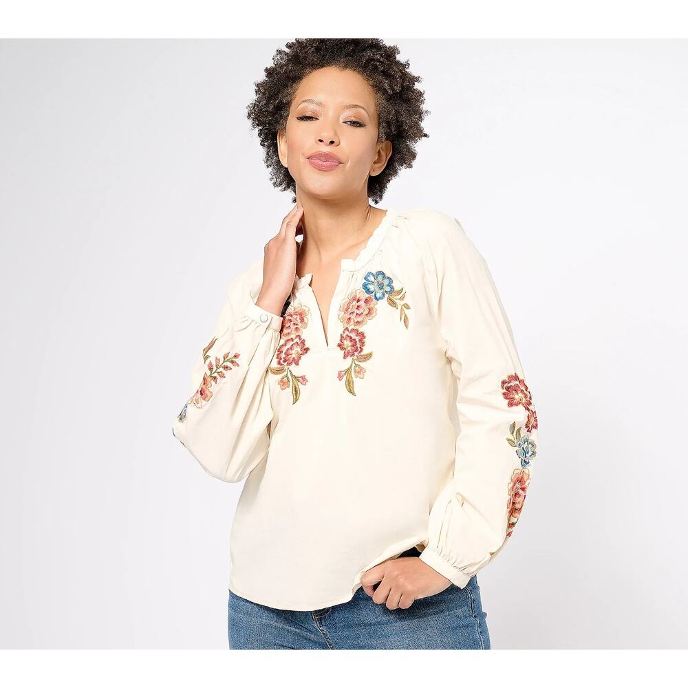 Driftwood Jeans Embroidered Peasant Top- Maui Womens 2X Cream Floral Bohemian